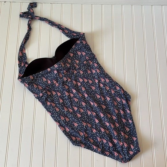 Garnet Hill | Women's Ruched Halter Sailboat Print One Piece Swimsuit Size 10 - Picture 6 of 8